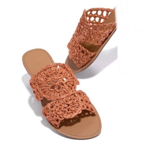 !! NEW !! Woven Raffia Slide Sandals in Deep Coral - Picture 2 of 7